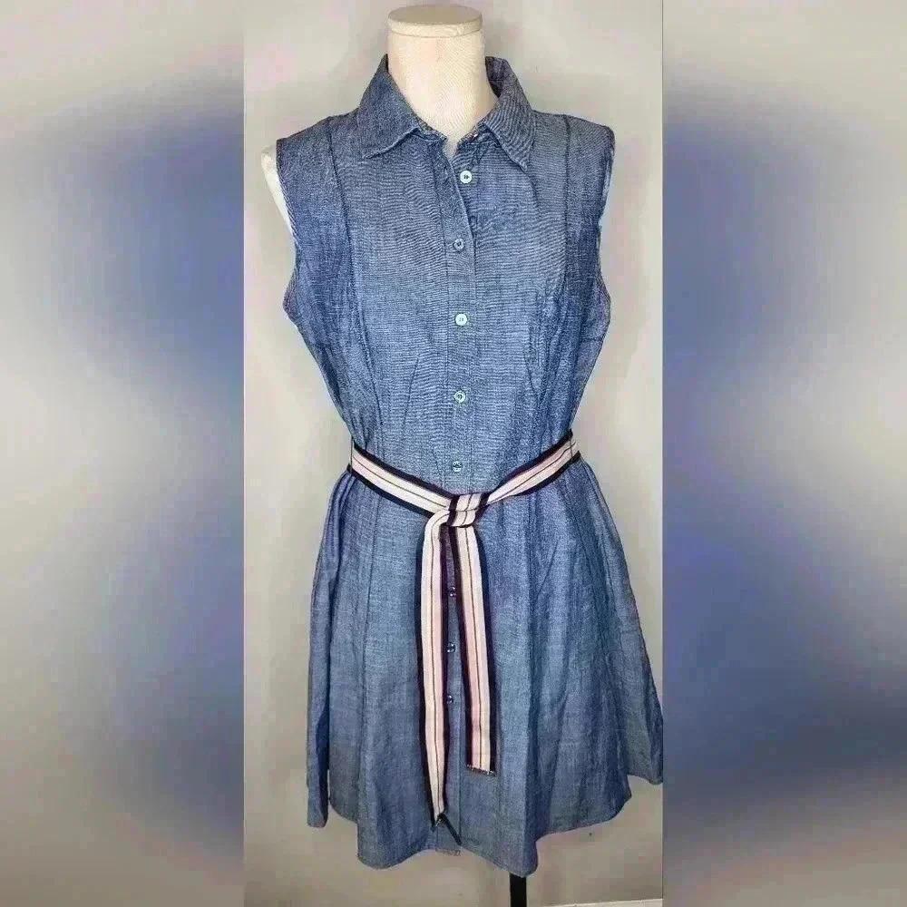Tommy Hilfiger In Bloom Sleeveless Debim Dress With Belt Womens Size 8 - Picture 3 of 11